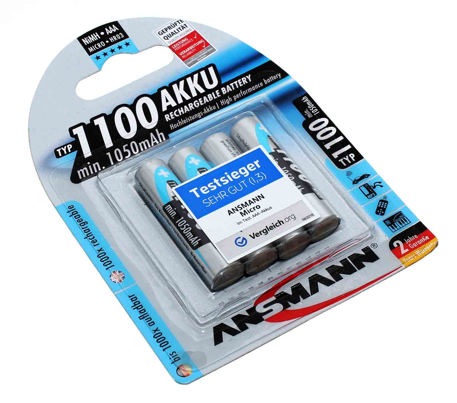 4 Stück Ansmann NiMH Akku Micro AAA (HR03) mit 1,2 Volt Spannung und min. 1050mAh Kapazität, Hersteller Artikelnummer 5035232.